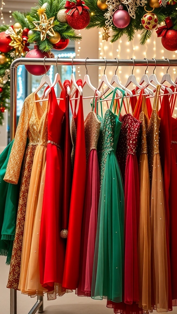 A collection of festive Christmas dresses in red, green, and gold on a rack with holiday decorations.
